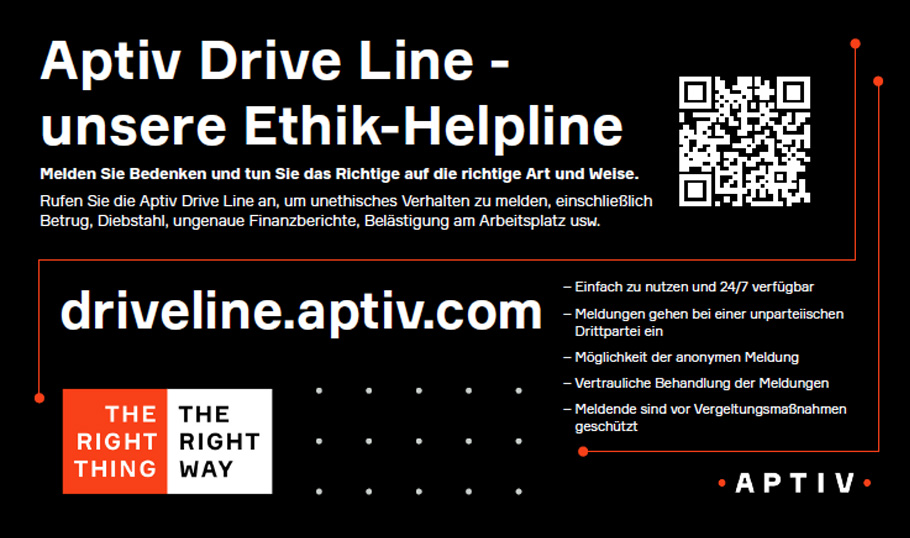 Aptiv Drive LIne Ethics Helpline-Poster mit QR-Code, um unethisches Verhalten anonym unter driveline.aptiv.com zu melden.