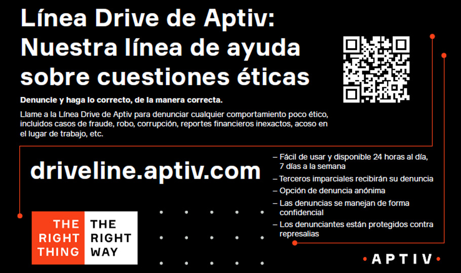 Afiche de la línea de ayuda sobre cuestiones éticas Drive Line de Aptiv con código QR para denunciar conductas poco éticas de forma anónima en driveline.aptiv.com.
