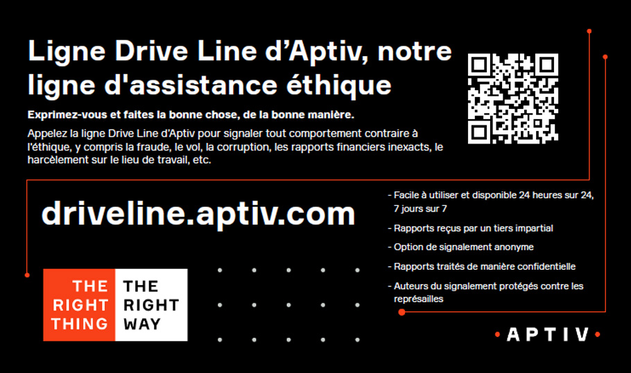 Affiche de la ligne Drive Line d'Aptiv accompagnée d'un QR code pour signaler de manière anonyme les comportements contraires à l'éthique sur driveline.aptiv.com