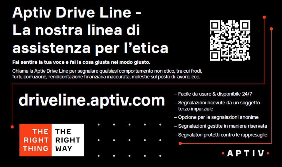 Poster della Aptive Drive Line per l'etica contenente il codice QR per segnalare comportamenti non etici in forma anonima sul sito driveline.aptiv.com.