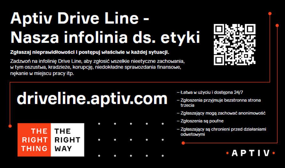 Plakat infolinii Aptiv Drive Line ds. etyki z kodem QR do anonimowego zgłaszania nieetycznych zachowań na stronie driveline.aptiv.com.