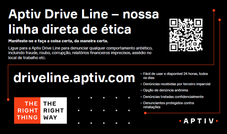 Cartaz da linha direta de ética Aptiv Drive Line com código QR para denunciar comportamentos antiéticos anonimamente em driveline.aptiv.com.