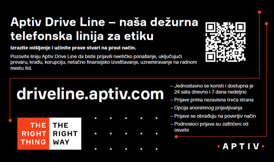 Poster Aptiv Drive Line dežurne telefonske linije za etiku sa QR kodom za anonimno prijavljivanje neetičnog ponašanja putem veb sajta driveline.aptiv.com.
