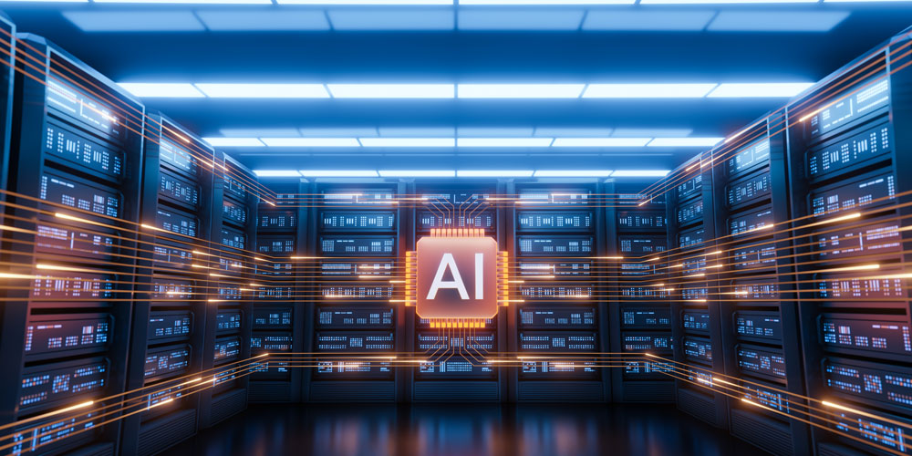 A computer server room with glowing lines converging on a central AI chip, symbolizing artificial intelligence data processing in a modern data center.