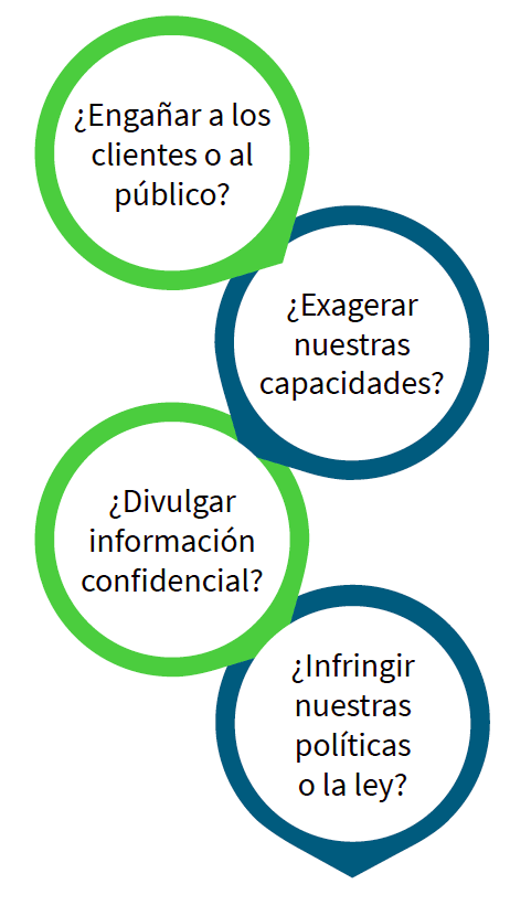 ¿Engañar a los clientes o al público?, ¿exagerar nuestras capacidades?, ¿divulgar información confidencial?, ¿infringir nuestras políticas o la ley?