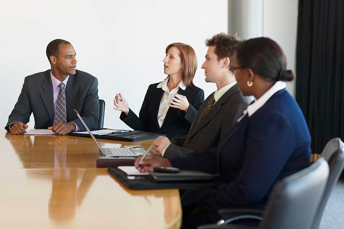 A diverse group of professionals discussing at a conference table